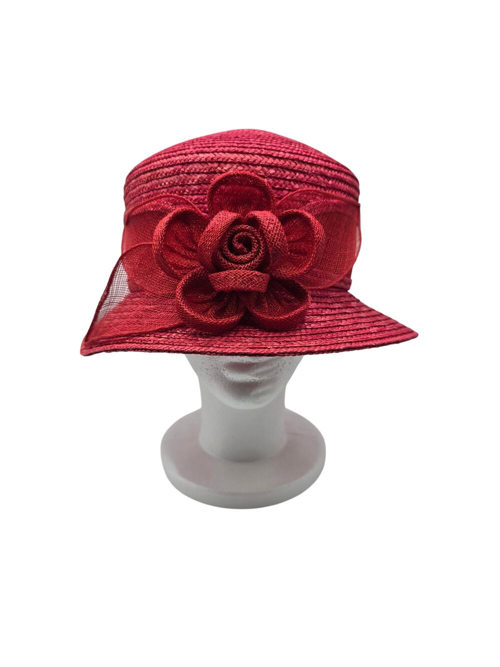 Vintage Betmar New York Wide Brim Straw Hat Floral Accent Red Church Derby